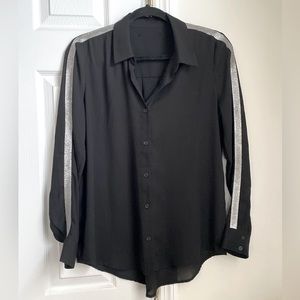 Black Glitter Button Up Chiffon Long Sleeve Blouse